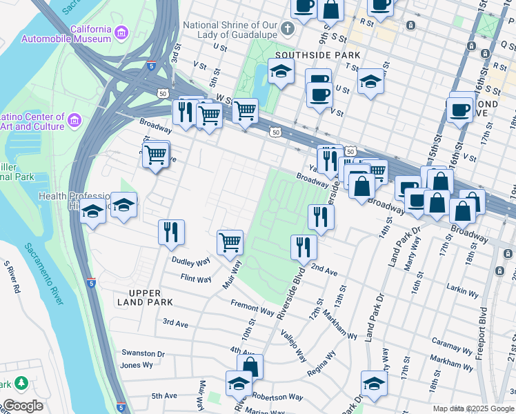 map of restaurants, bars, coffee shops, grocery stores, and more near 816 Revere Street in Sacramento