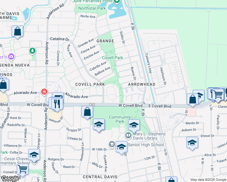 map of restaurants, bars, coffee shops, grocery stores, and more near 412 Alvarado Avenue in Davis