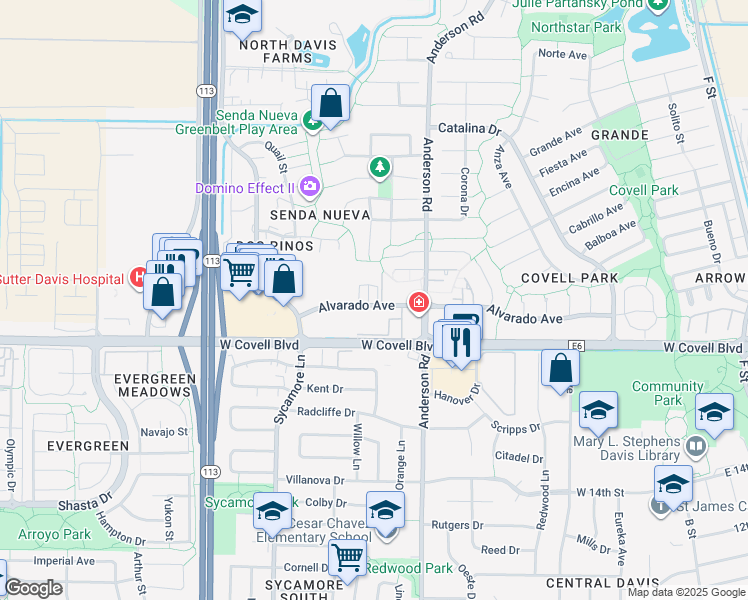 map of restaurants, bars, coffee shops, grocery stores, and more near 880 Alvarado Avenue in Davis