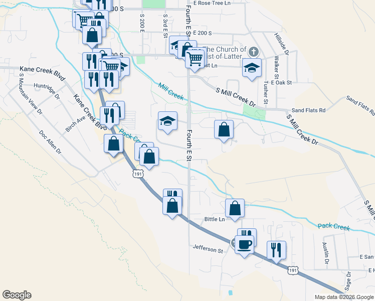 map of restaurants, bars, coffee shops, grocery stores, and more near 761 Fourth East Street in Moab