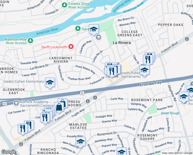 map of restaurants, bars, coffee shops, grocery stores, and more near 2768 Point Reyes Way in Sacramento