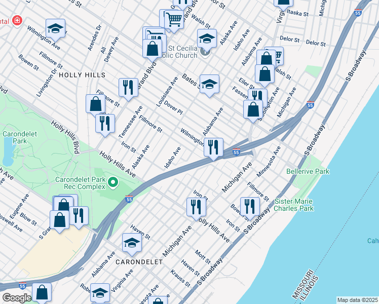 map of restaurants, bars, coffee shops, grocery stores, and more near 6101 Alabama Avenue in St. Louis
