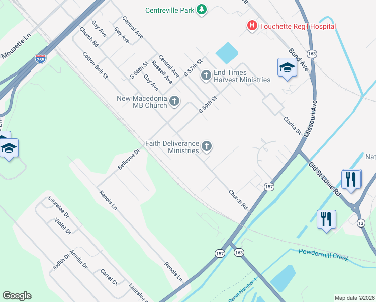 map of restaurants, bars, coffee shops, grocery stores, and more near 6210 Church Road in East St. Louis