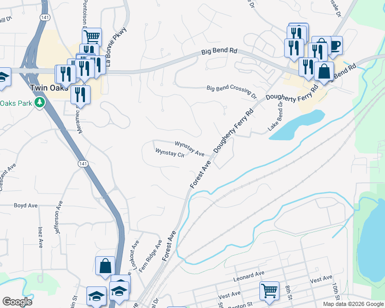 map of restaurants, bars, coffee shops, grocery stores, and more near 12 Wynstay Avenue in Valley Park