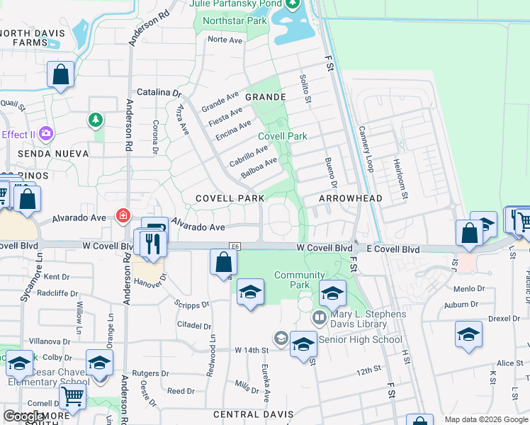 map of restaurants, bars, coffee shops, grocery stores, and more near 501 Alvarado Avenue in Davis