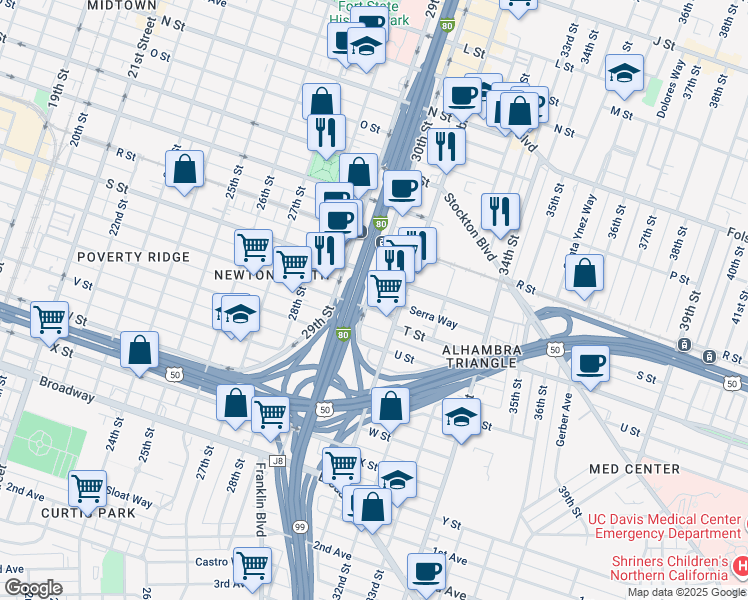 map of restaurants, bars, coffee shops, grocery stores, and more near 3005 T Street in Sacramento
