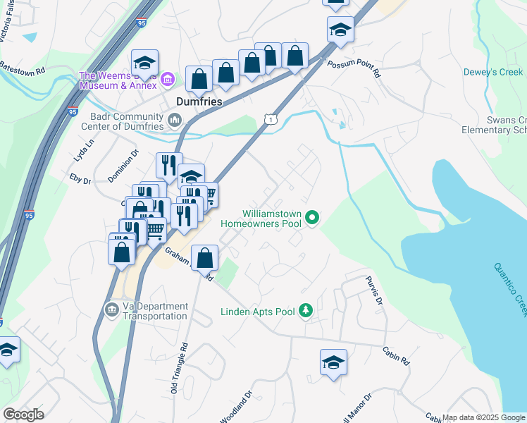 map of restaurants, bars, coffee shops, grocery stores, and more near 1709 Fort Henry Court in Dumfries