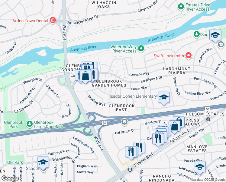 map of restaurants, bars, coffee shops, grocery stores, and more near 8879 Salmon Falls Drive in Sacramento