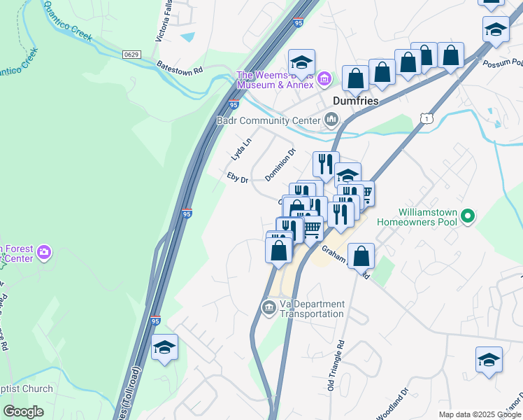 map of restaurants, bars, coffee shops, grocery stores, and more near 17975 Wilmer Porter Court in Dumfries