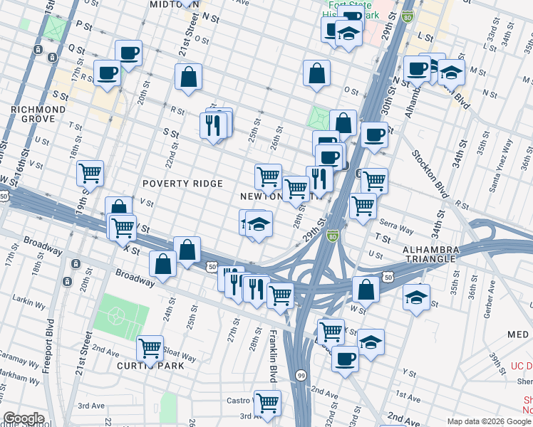 map of restaurants, bars, coffee shops, grocery stores, and more near 2627 U Street in Sacramento
