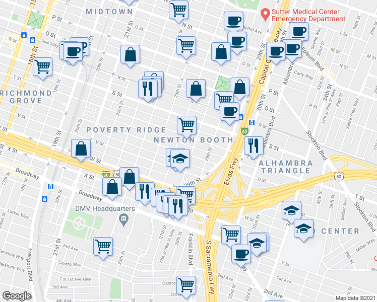 map of restaurants, bars, coffee shops, grocery stores, and more near 2100 27th Street in Sacramento