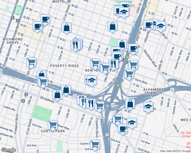 map of restaurants, bars, coffee shops, grocery stores, and more near 2100 27th Street in Sacramento