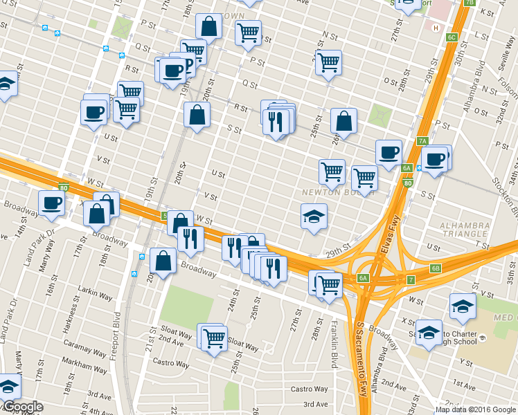 map of restaurants, bars, coffee shops, grocery stores, and more near 2330 V Street in Sacramento