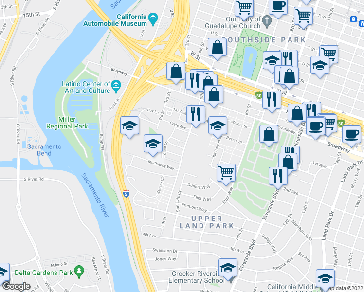 map of restaurants, bars, coffee shops, grocery stores, and more near 476 Tailoff Lane in Sacramento