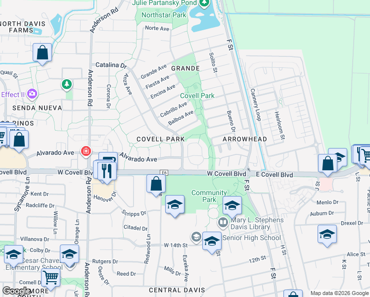 map of restaurants, bars, coffee shops, grocery stores, and more near 501 Alvarado Avenue in Davis