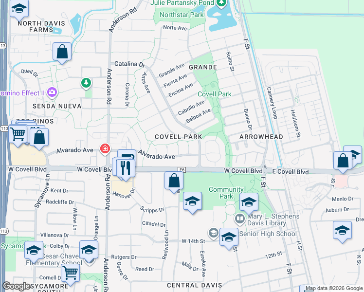 map of restaurants, bars, coffee shops, grocery stores, and more near 525 Alvarado Avenue in Davis