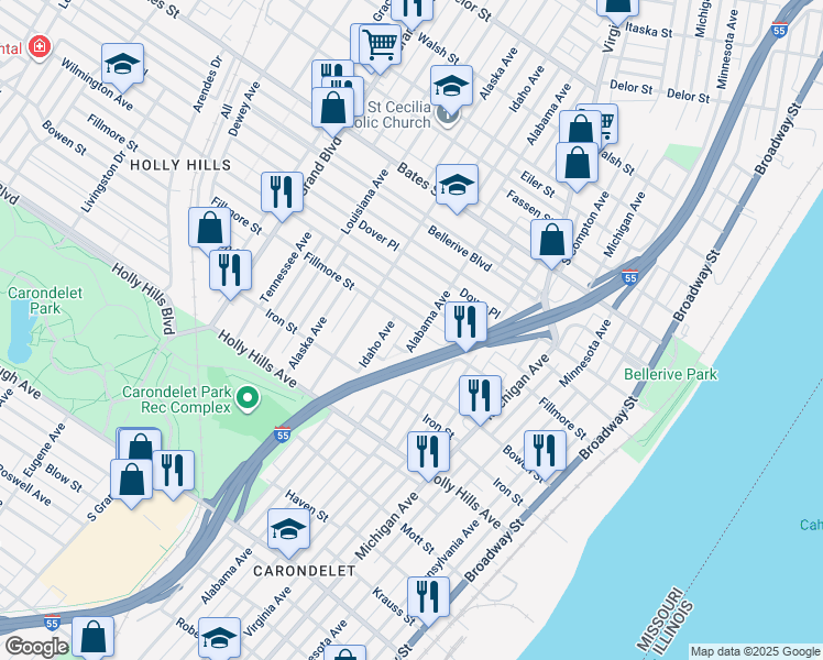 map of restaurants, bars, coffee shops, grocery stores, and more near in St. Louis