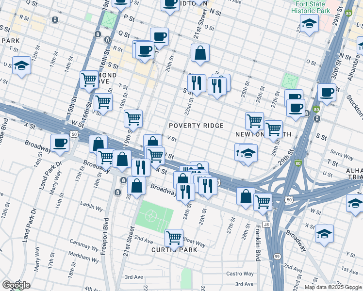 map of restaurants, bars, coffee shops, grocery stores, and more near 2206 V Street in Sacramento