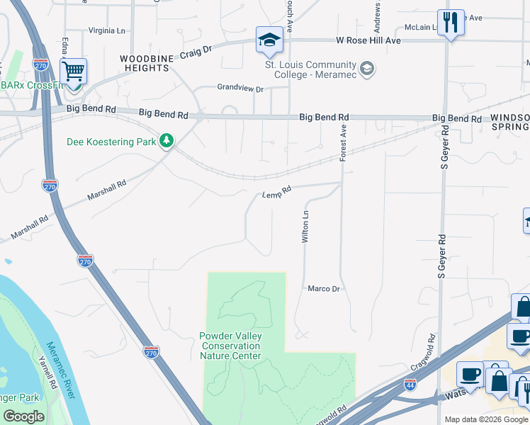 map of restaurants, bars, coffee shops, grocery stores, and more near 3 Lemp Road in Kirkwood