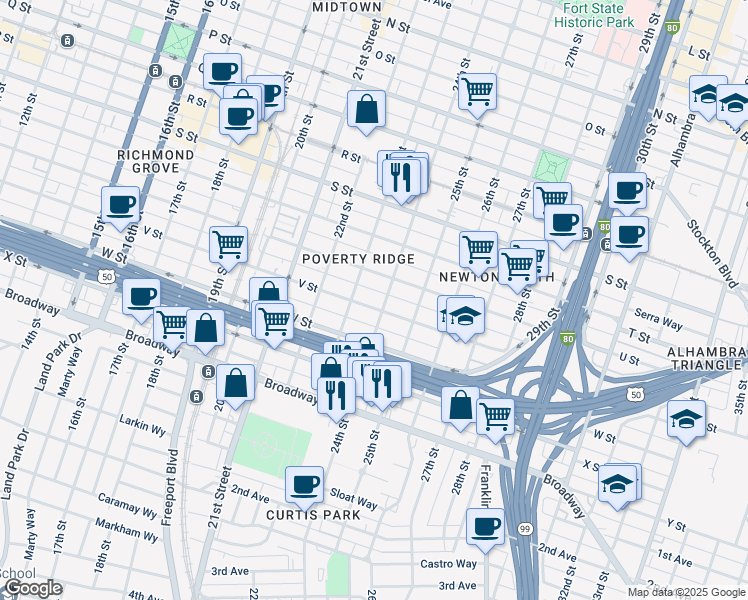map of restaurants, bars, coffee shops, grocery stores, and more near 2323 V Street in Sacramento