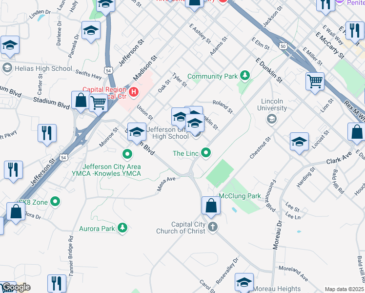 map of restaurants, bars, coffee shops, grocery stores, and more near 605 Union Street in Jefferson City