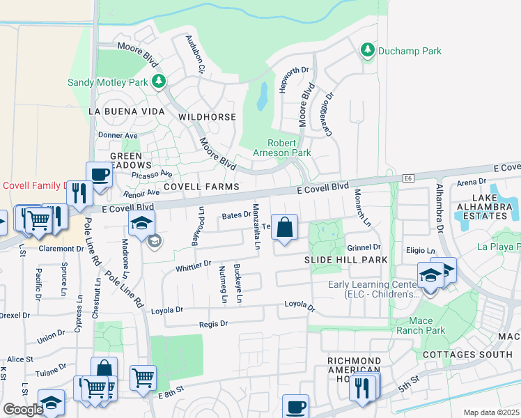 map of restaurants, bars, coffee shops, grocery stores, and more near 1800 Manzanita Lane in Davis