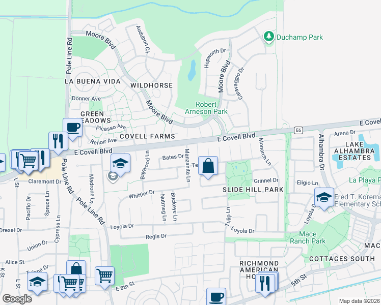 map of restaurants, bars, coffee shops, grocery stores, and more near 1800 Manzanita Lane in Davis