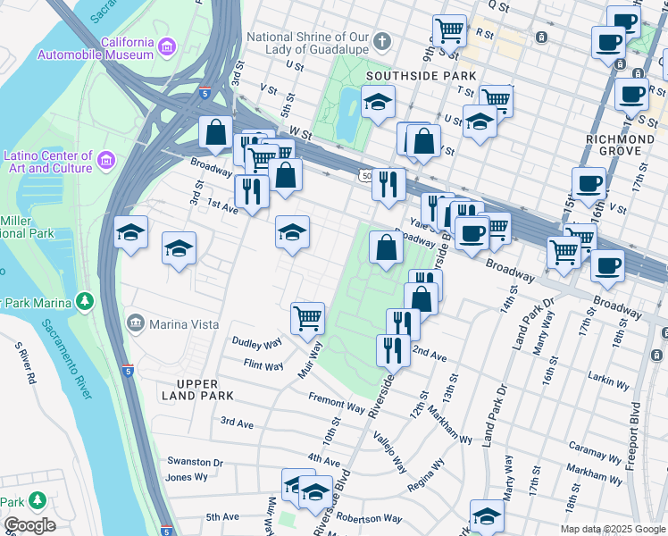 map of restaurants, bars, coffee shops, grocery stores, and more near 816 Revere Street in Sacramento