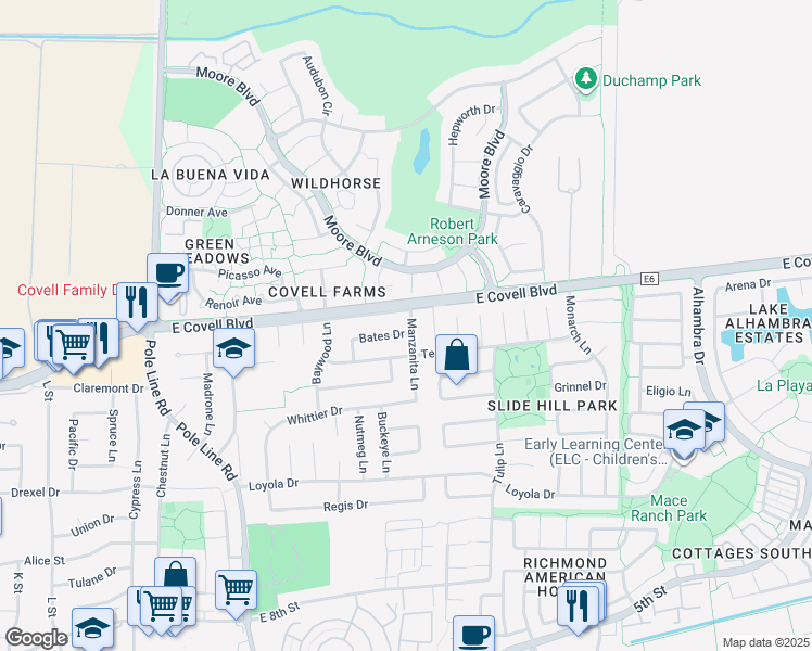 map of restaurants, bars, coffee shops, grocery stores, and more near 2527 Bates Drive in Davis