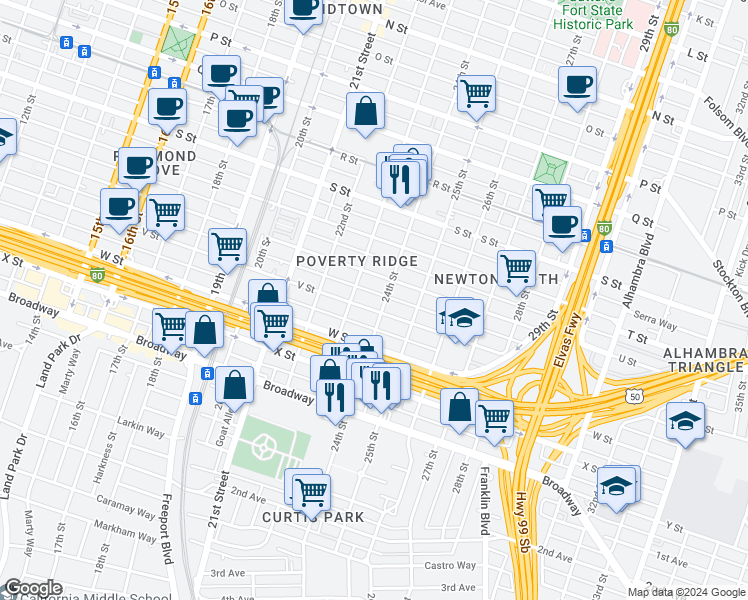 map of restaurants, bars, coffee shops, grocery stores, and more near 2330 V Street in Sacramento