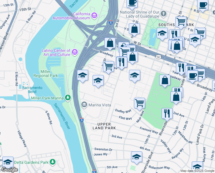 map of restaurants, bars, coffee shops, grocery stores, and more near 401 Lug Lane in Sacramento