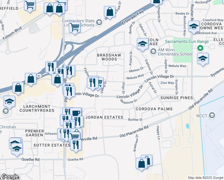 map of restaurants, bars, coffee shops, grocery stores, and more near 9811 Libra Avenue in Sacramento