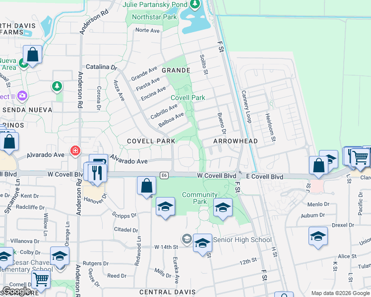 map of restaurants, bars, coffee shops, grocery stores, and more near 412 Alvarado Avenue in Davis