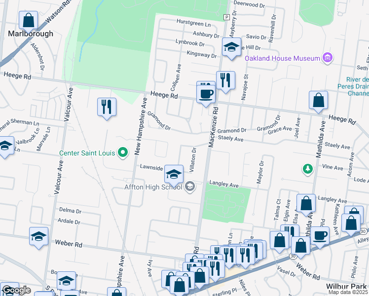 map of restaurants, bars, coffee shops, grocery stores, and more near 8218 Fendale Drive in Affton