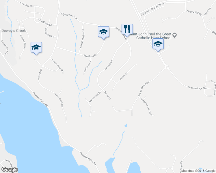 map of restaurants, bars, coffee shops, grocery stores, and more near 2718 Myrtlewood Drive in Dumfries