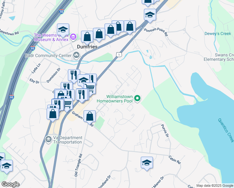 map of restaurants, bars, coffee shops, grocery stores, and more near 1701 Fort Henry Court in Dumfries