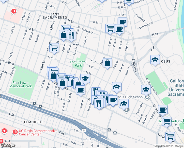 map of restaurants, bars, coffee shops, grocery stores, and more near 5351 M Street in Sacramento