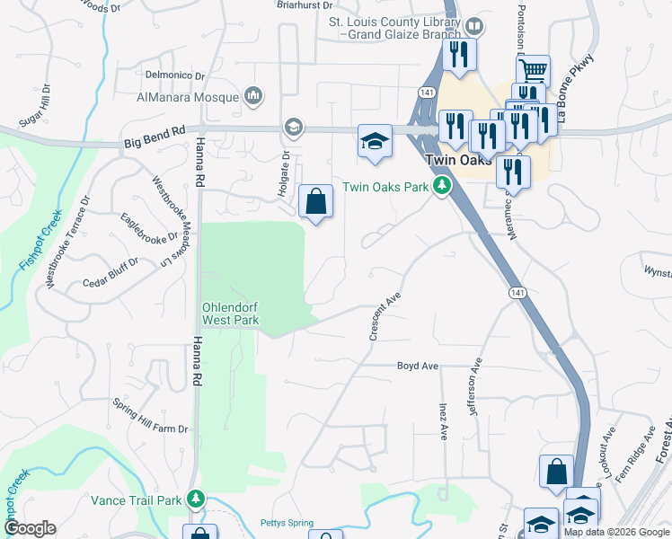 map of restaurants, bars, coffee shops, grocery stores, and more near 1556 Autumn Leaf Drive in Ballwin