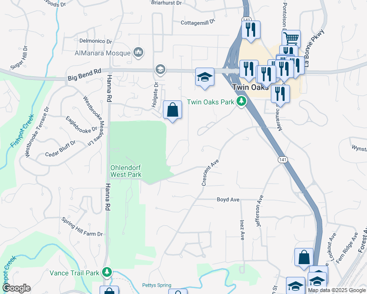 map of restaurants, bars, coffee shops, grocery stores, and more near 1556 Autumn Leaf Drive in Ballwin