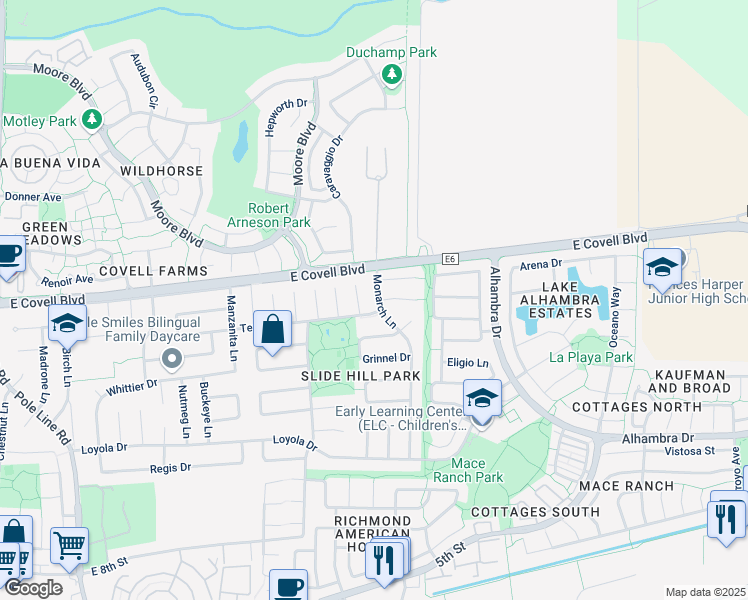 map of restaurants, bars, coffee shops, grocery stores, and more near 1709 Monarch Lane in Davis