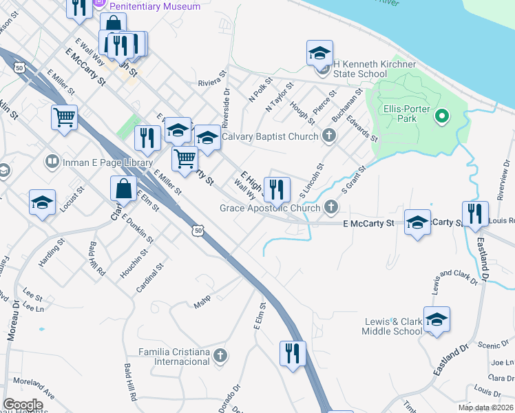 map of restaurants, bars, coffee shops, grocery stores, and more near 1404-1408 East McCarty Street in Jefferson City