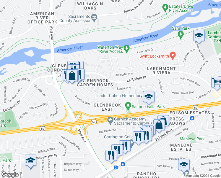 map of restaurants, bars, coffee shops, grocery stores, and more near 8906 Lanier Way in Sacramento
