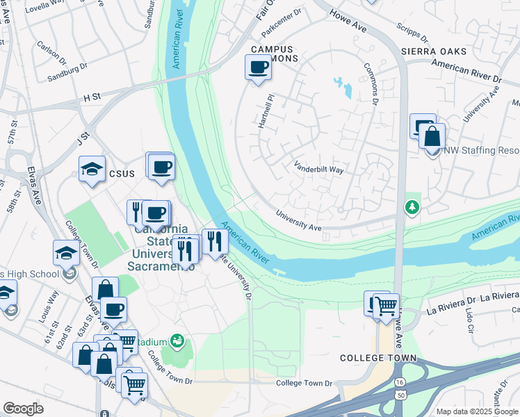 map of restaurants, bars, coffee shops, grocery stores, and more near 1025 University Avenue in Sacramento
