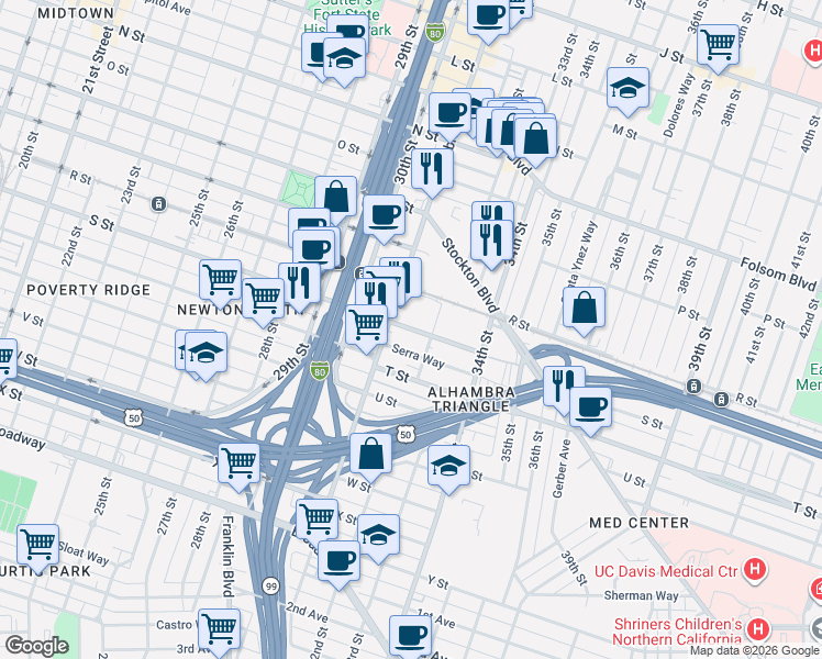 map of restaurants, bars, coffee shops, grocery stores, and more near 3165 Serra Way in Sacramento
