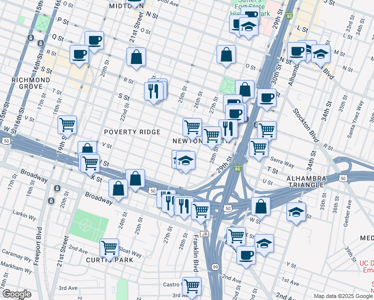 map of restaurants, bars, coffee shops, grocery stores, and more near 2100 27th Street in Sacramento