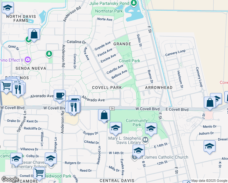 map of restaurants, bars, coffee shops, grocery stores, and more near 525 Alvarado Avenue in Davis