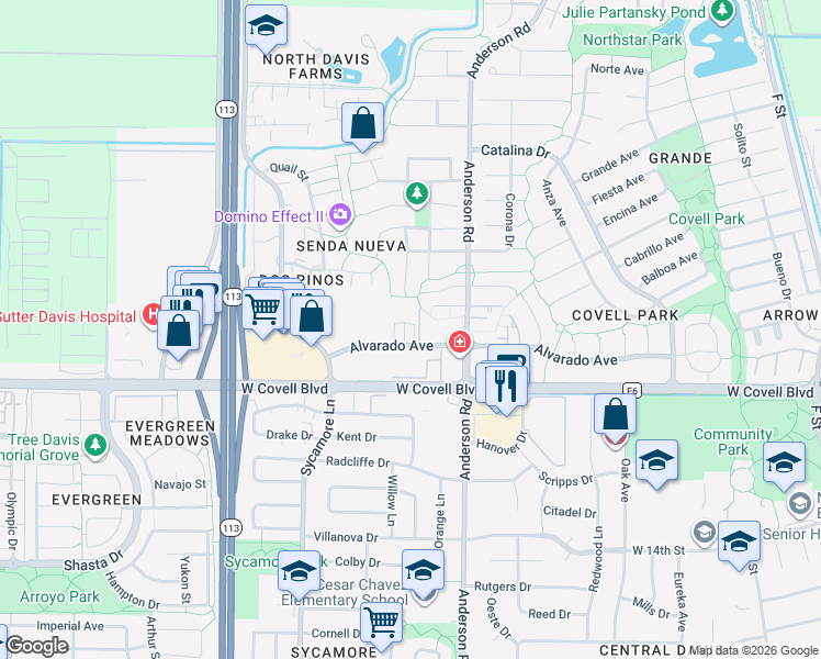 map of restaurants, bars, coffee shops, grocery stores, and more near 880 Alvarado Avenue in Davis