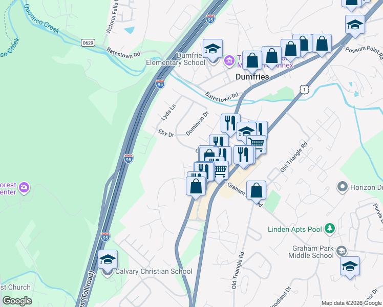 map of restaurants, bars, coffee shops, grocery stores, and more near 17956 Curtis Drive in Dumfries