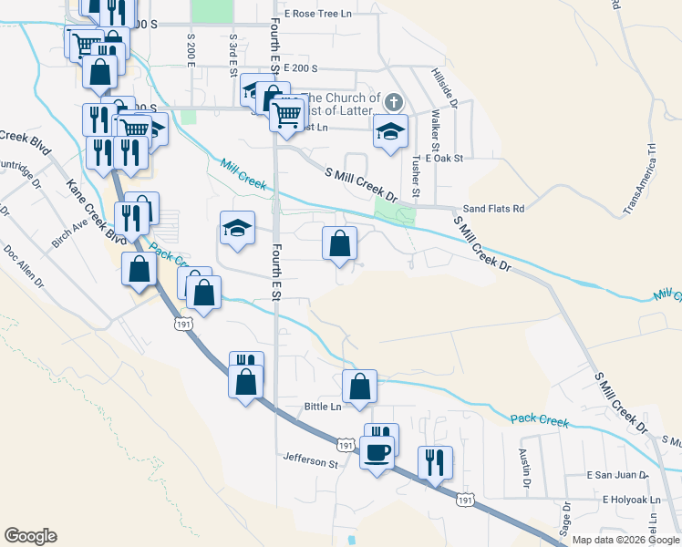 map of restaurants, bars, coffee shops, grocery stores, and more near 706 Mulberry Lane in Moab