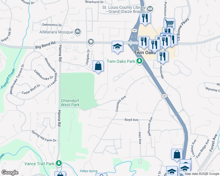 map of restaurants, bars, coffee shops, grocery stores, and more near 1556 Autumn Leaf Drive in Ballwin